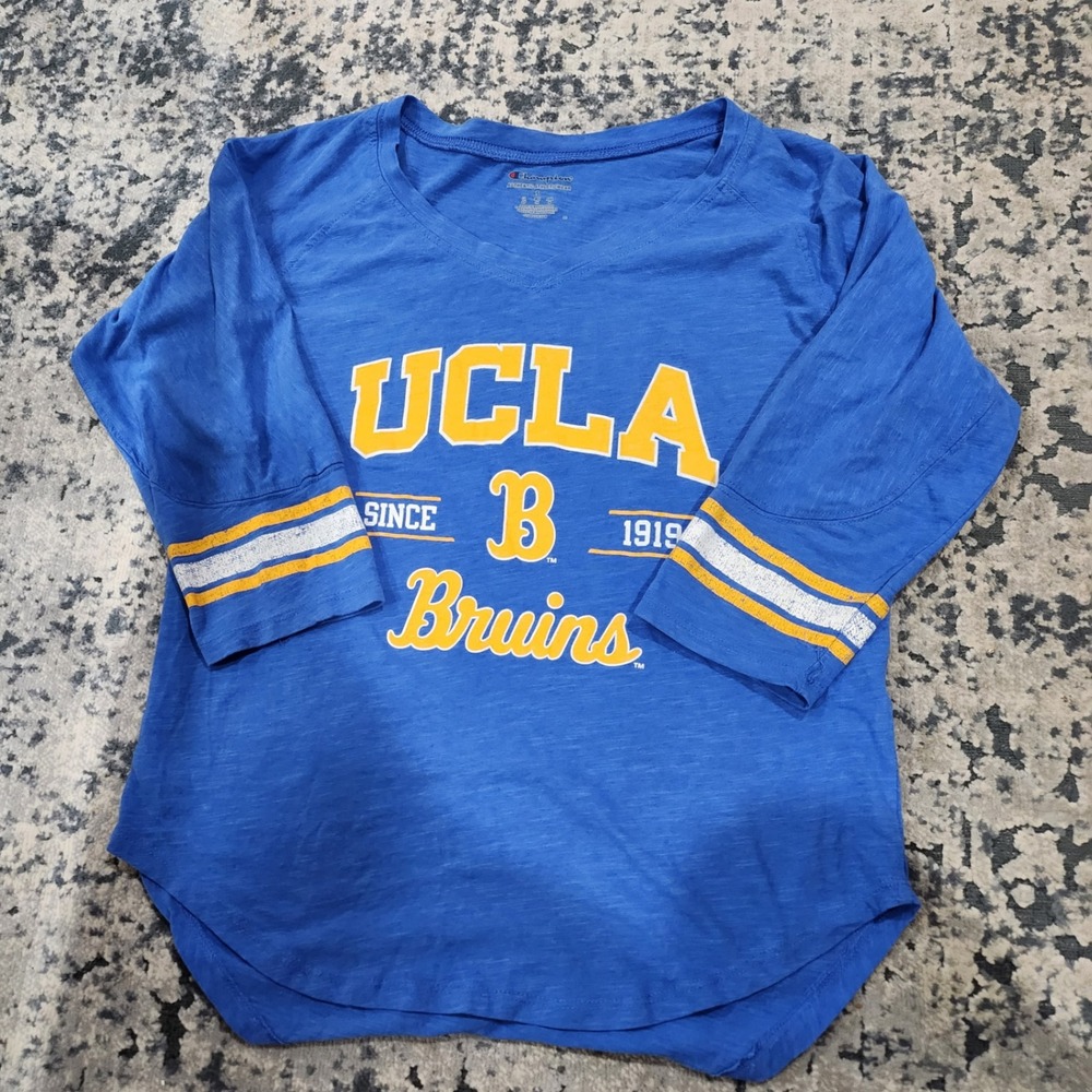 Champion UCLA Bruins Womens Small Blue V-Neck 3/4 Sleeve T-Shirt Slub Knit Top